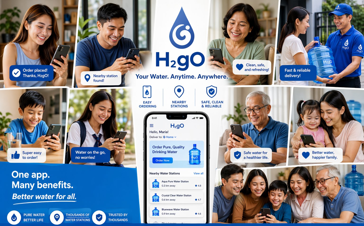 Filipino families, customers, and a water delivery worker using the H2gO water delivery experience